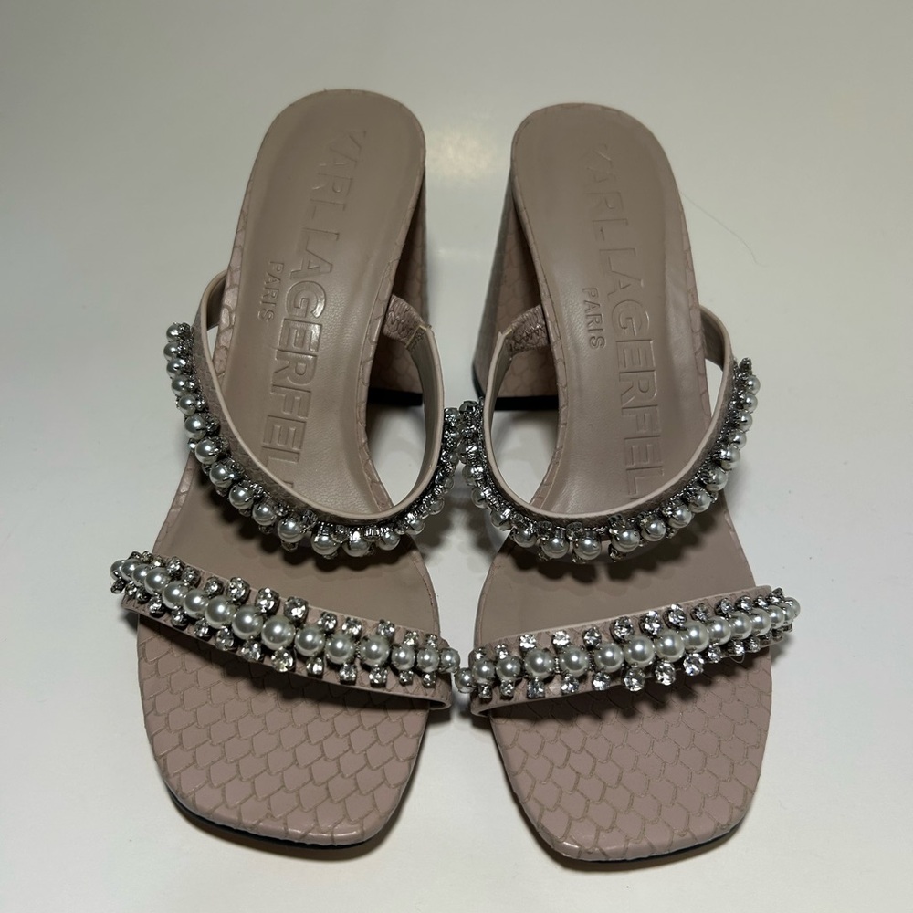 Karl Lagerfeld Nude Pink Pearl & Rhinestone Slide Sandals